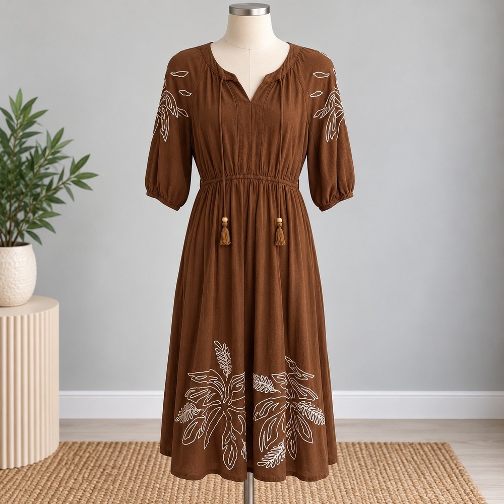 LEA Midi Dress Brown Embroidered Boho Tassel V-Neck Linen Blend Sz L Cottagecore